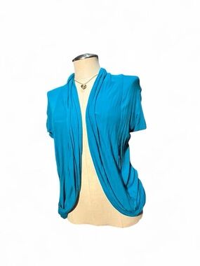 Open Front Draped Short Sleeve Cardigan - Turquoise